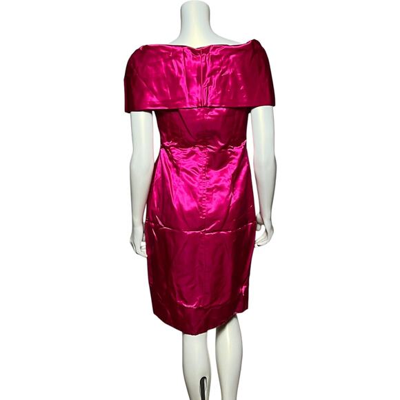Vintage Tadashi Hot Pink Satin Cocktail Dress Off-Shoulder Gold Buttons Size 10 - Picture 3 of 8